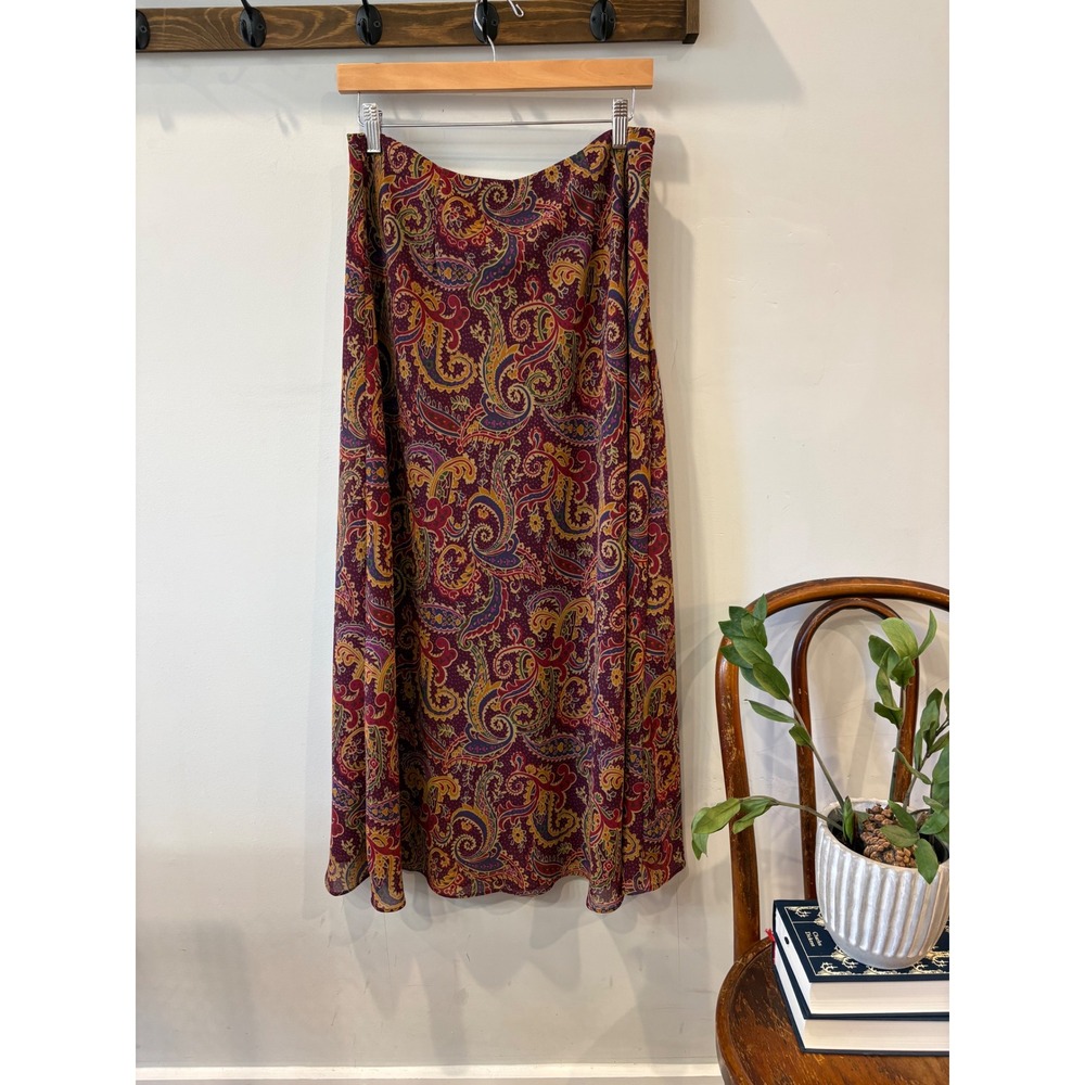 Jaclyn Smith Classic Paisley Maxi Skirt Burgundy Gold Size 10 Chiffon Lined